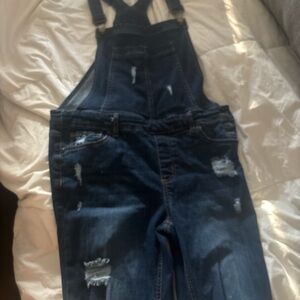 Dark Blue Distressed Denim Overalls
